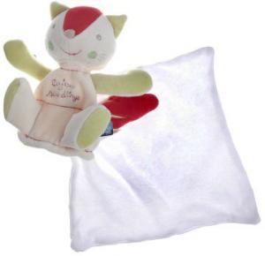 Doudou renard chat vert blanc rouge cajou mouchoir Sucre d'Orge