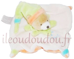 Doudou ours plat blanc, vert et orange *Les acidulés* - DC2372 Doudou et compagnie