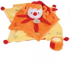 Doudou clown musicien orange, jaune et rouge, plat carré  Doudou et compagnie
