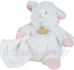 Peluche mouton agneau blanc et rose avec mouchoir - petit modèle - DC2419 Doudou et compagnie