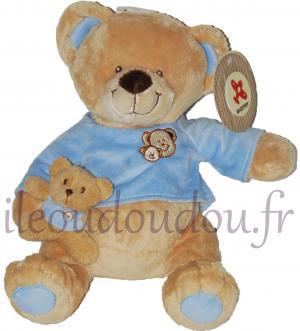 Peluche ours avec bébé  marron pull bleu Nicotoy Nicotoy