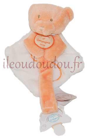 Doudou plat attache-tétine ours orange et blanc Collector - DC2371 Doudou et compagnie