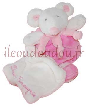 Peluche boule souris rose et blanc tenant un mouchoir *Cueillette* - DC2575 Doudou et compagnie