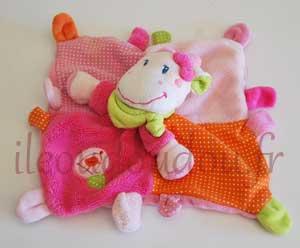 Doudou vache rose et orange oiseau Nicotoy