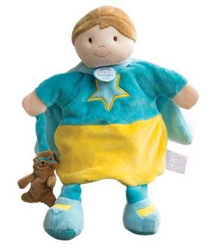 Marionnette poupée bleu et jaune *Super héros* - DC2354 Doudou et compagnie