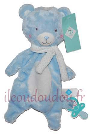 Doudou ours bleu et blanc écharpe Tex Baby