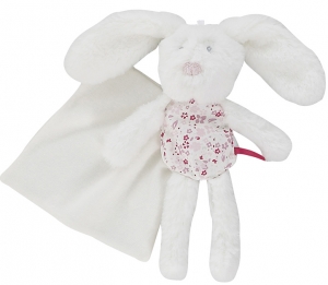 Doudou lapin mouchoir cajou blanc et rose Sucre d'Orge