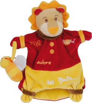 Doudou lion marionnette jaune et rouge avec une abeille, Fifi adore les BzZz Baby Nat