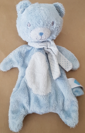 Doudou ours bleu et blanc écharpe Tex Baby