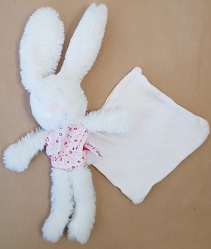 Doudou lapin mouchoir cajou blanc et rose Sucre d'Orge