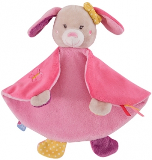 Doudou lapin rose et jaune Sucre d'Orge