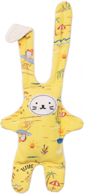 Doudou lapin jaune tortue à la plage Catimini