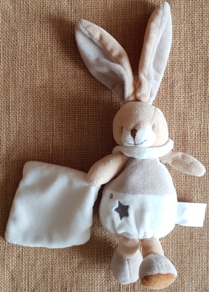 Peluche lapin beige tenant un doudou CMP un rêve de bébé