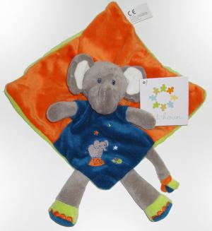 Doudou éléphant plat carré orange, bleu et gris Nicotoy, Kiabi - Kitchoun