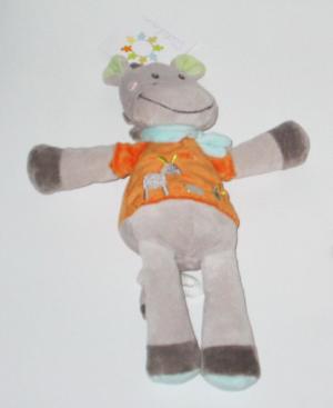 Doudou peluche âne cheval gris tee-shirt orange, hippopotame Nicotoy, Kiabi - Kitchoun