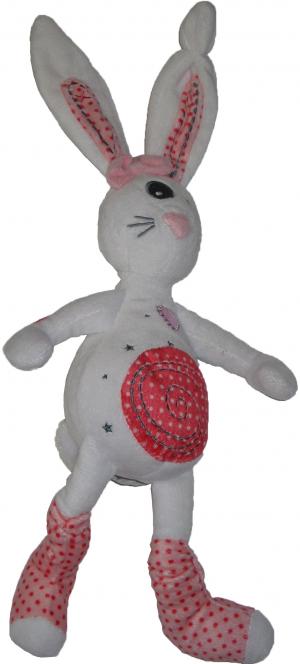 Doudou peluche lapin rose et blanc, spirale sur le ventre, pois rouges TAO (Tape à l'oeil)