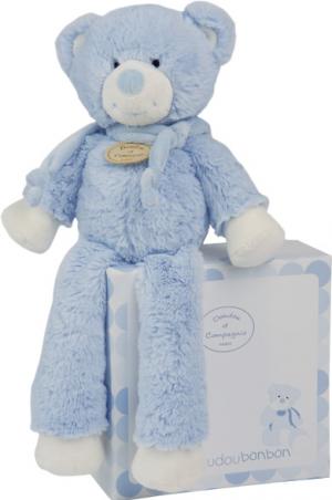 Doudou peluche ours bleu, écharpe, très doux, longues pattes, collection les Bonbons Doudou et compagnie