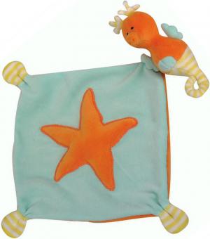 Doudou hippocampe plat bleu et orange, mouchoir étoile de mer, grelot, Baby Jemini Jemini