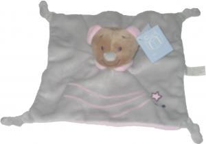 Doudou ours gris et rose plat carré, étoile brodée, 4 noeuds Nicotoy, Kiabi - Kitchoun