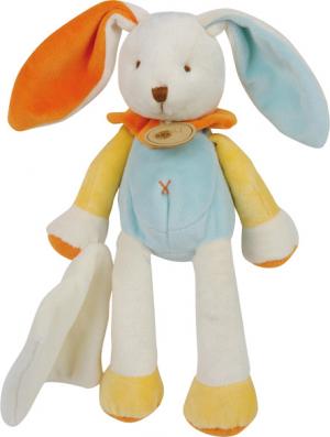 Doudou lapin tenant un mouchoir, hochet blanc, bleu, jaune, col orange Baby Nat