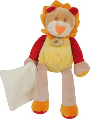 Doudou lion tenant un mouchoir, hochet  jaune orange et rouge Baby Nat