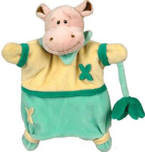 Doudou hippopotame marionnette vert et jaune tenant un palmier Baby Nat