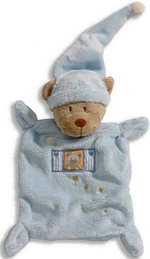 Doudou ours bleu rectangle bonnet fenêtre Nicotoy