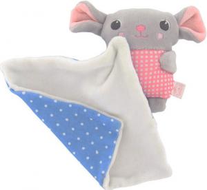 Doudou souris grise et  rose tenant un mouchoir bleu à pois blanc DPAM (Du Pareil Au Même)