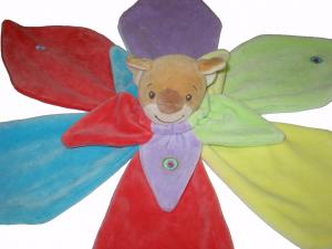 Doudou ours Koala Coco plat étoile, fleur pétales rouge, jaune, vert, mauve, bleu Takinou, Vintage