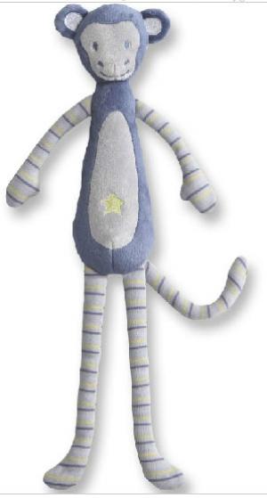 Doudou peluche singe bleu, gris et vert longs bras et longues jambes rayés Obaïbi-Okaïdi