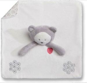 Doudou ours plat carré blanc et gris, coeur rose brodé, fleurs flocons de neige argentés Obaïbi-Okaïdi