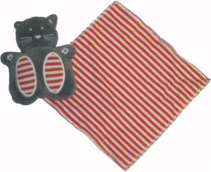 Doudou chat gris mouchoir carré rayé rouge et blanc Obaïbi-Okaïdi