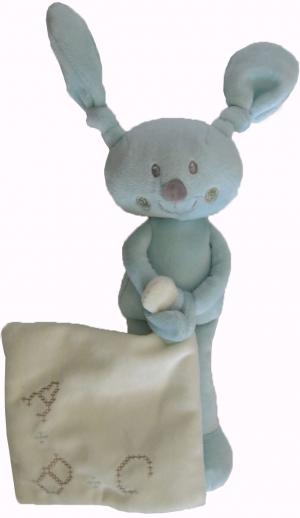 Peluche lapin bleu et blanc crème ABC tenant un mouchoir Pommette