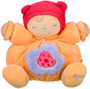 Doudou poupon Baby Kaloo patapouf orange, bonnet rouge, yeux fermés, fleur mauve violet Kaloo