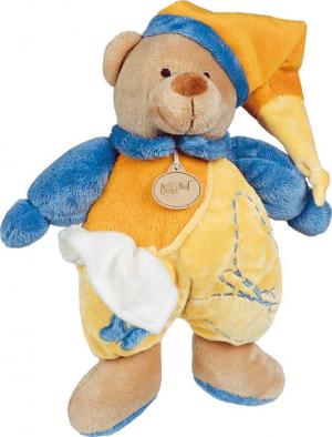 Doudou ours tenant un mouchoir jaune, orange et bleu, bonnet papillon brodé Baby Nat