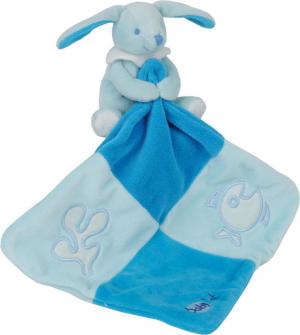 Doudou lapin bleu tenant un mouchoir, poisson brodé, collection Luminescents Baby Nat