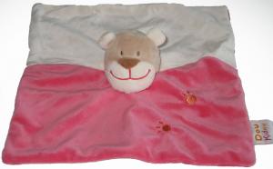 Doudou chien/ours rose et blanc crème plat carré Doukidou
