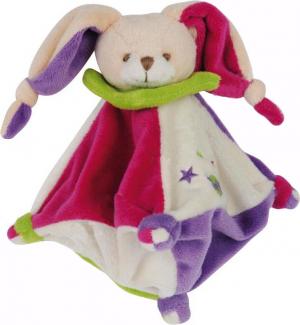 Mini doudou lapin carré violet, rose fushia et crème, 5 noeuds, étoiles brodées - BN502 Baby Nat