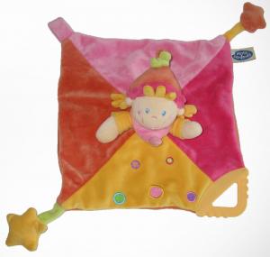 Doudou poupée lutin plat carré rose, orange et jaune attache sucette et anneau de dentition Mots d'enfant - Leclerc