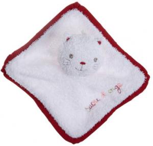 Doudou chat blanc et rouge en éponge Sucre d'Orge