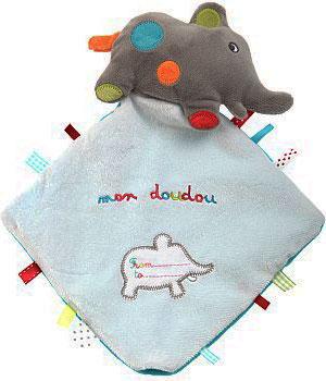 Doudou éléphant gris mouchoir carré blanc et bleu Mon doudou, étiquettes Nicotoy, Kiabi - Kitchoun, Simba Toys (Dickie)