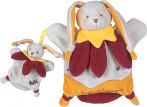 Doudou lapin avec bébé marionnette Collector rouge, orange, jaune et blanc Doudou et compagnie
