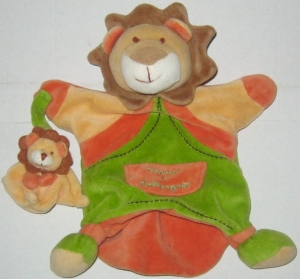 Doudou marionnette lion et son bébé vert et orange Doudou et compagnie