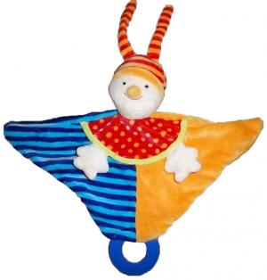 Doudou clown lutin plat anneau de dentition, bleu et orannge, rayé rouge, triangle Baby Club
