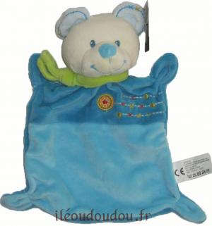 Doudou ours bleu écharpe verte Nicotoy