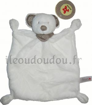 Doudou ours blanc plat, foulard bandana marron en faux cuir Nicotoy