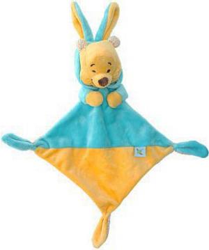 Doudou Winnie ours plat bleu turquoise et jaune, capuche, oreilles de lapin Nicotoy, Disney Baby, Simba Toys (Dickie)