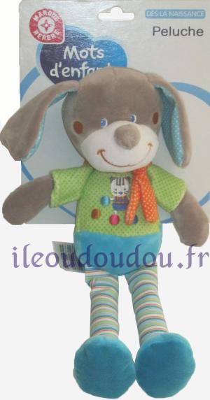 Doudou peluche chien gris, bleu et vert longues jambes rayées Mots d'enfant - Leclerc