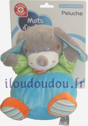 Doudou peluche chien gris, bleu et vert boule Mots d'enfant - Leclerc
