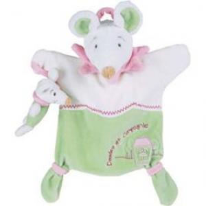 Doudou souris marionnette Barbotine avec bébé blanc, rose et vert Doudou et compagnie